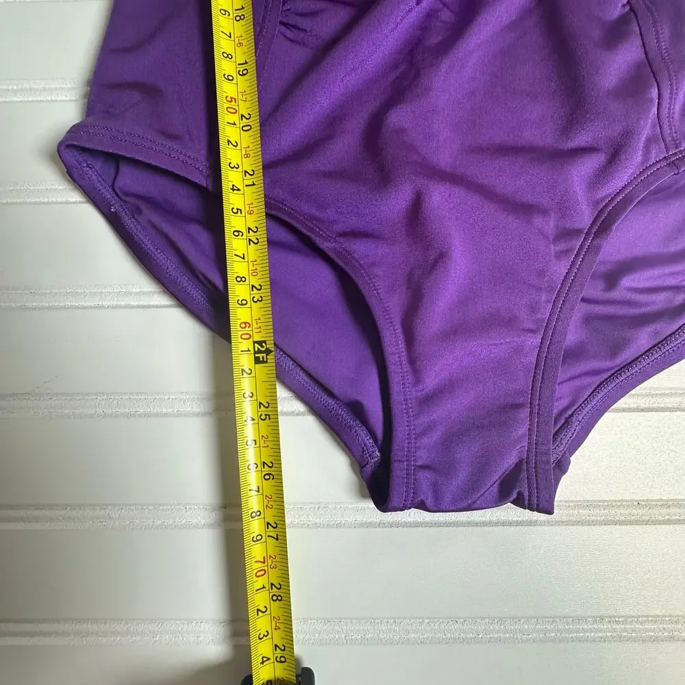 Women Purple One Piece Swimsuit Ruched Front Full Coverage Stretch Size M